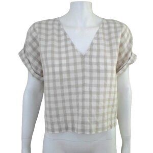 Lou & Grey Gingham Linen V-Neck Crop Top Tan White Short Sleeve